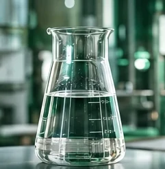Cairan bening metanol di dalam labu kaca laboratorium