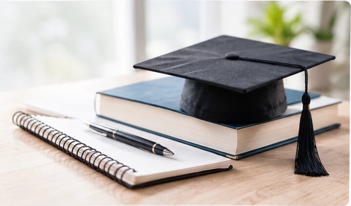 A graduation cap resting on a stack of books beside a notebook and pen on a wooden desk