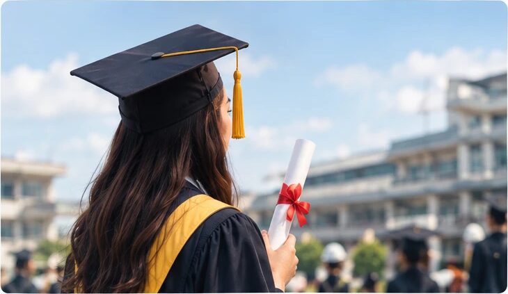 A graduate in cap, gown and yellow sash holding a rolled diploma on campus grounds