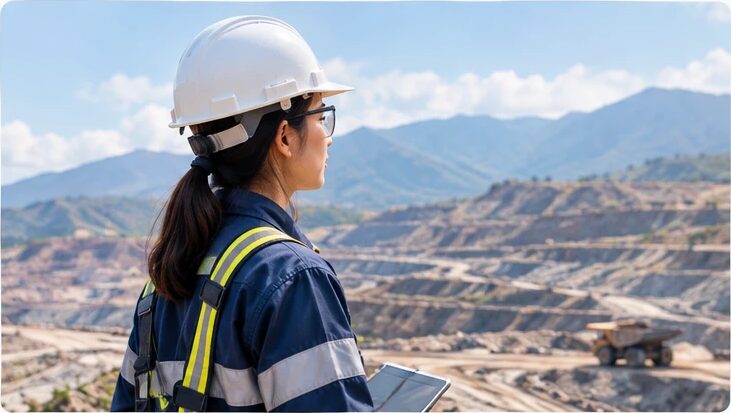 A female engineer in a white hard hat and safety vest holding a tablet, looking out over an open-pit mine