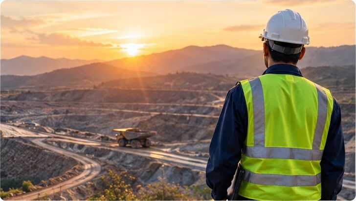 A male engineer in a white hard hat and green safety vest looking out over an open-pit mine at sunset